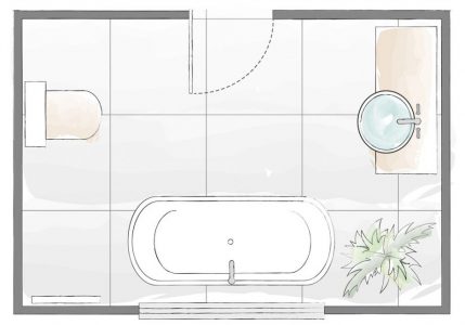 A drawn master bathroom layout showing position of the sink toilet and bath tub