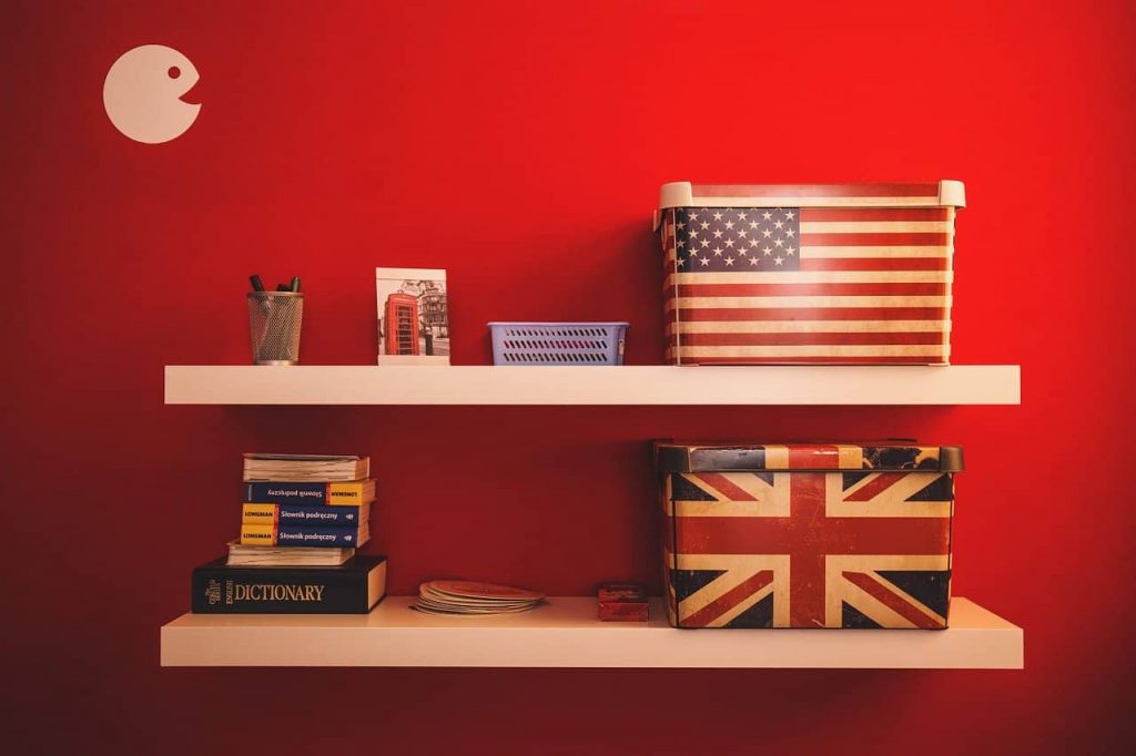 shelves in red wall in living room